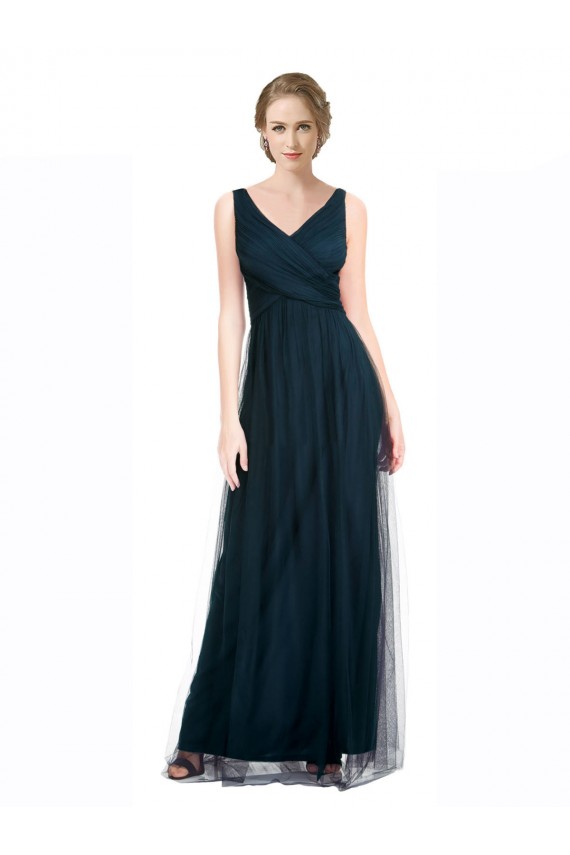 Azul 7 línea A Cuello en V Tul Largo Vestidos de dama de honor