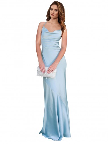 Azul cielo claro Cubierta Satén sedoso Largo Formales Vestidos de dama de honor / Vestidos de fiesta