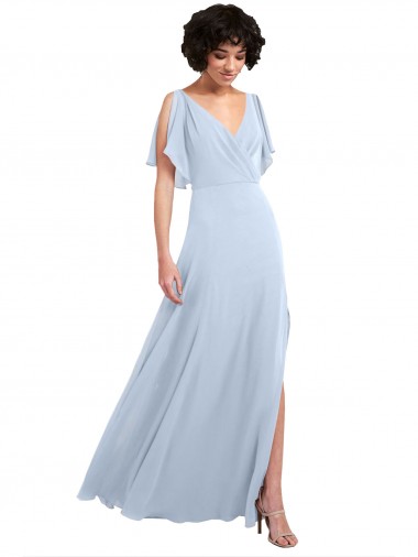 Azul cielo claro línea A Cuello en V Gasa Largo Vestidos de dama de honor