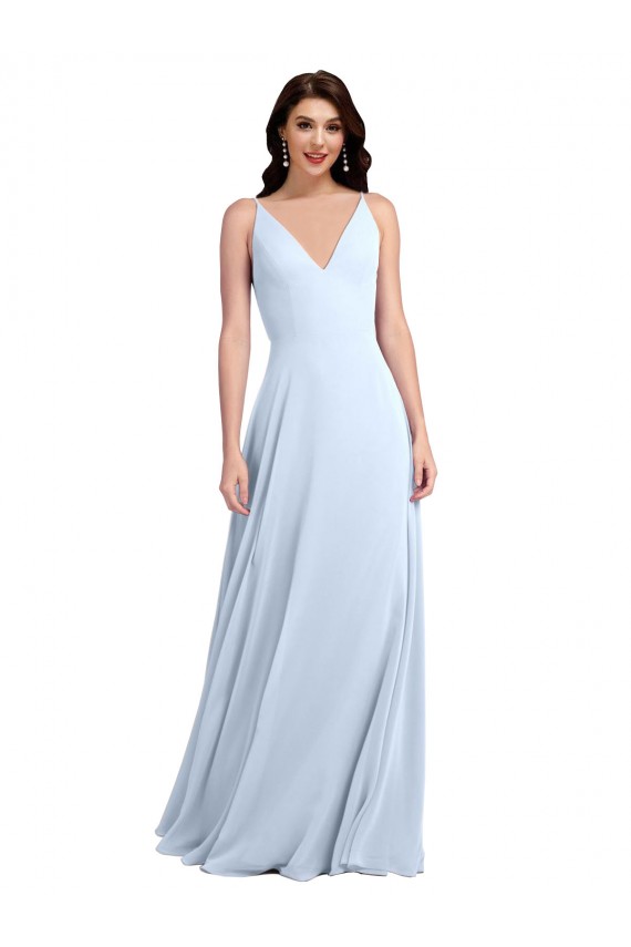 Azul cielo claro línea A Cuello en V Gasa Largo Vestidos de dama de honor