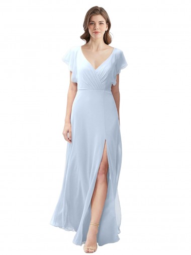 Azul cielo claro línea A Cuello en V Gasa Largo Vestidos de dama de honor