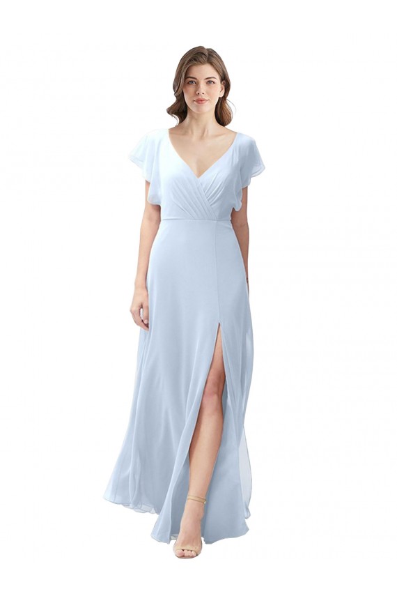 Azul cielo claro línea A Cuello en V Gasa Largo Vestidos de dama de honor