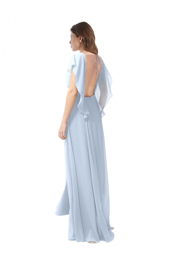 Azul cielo claro línea A Cuello en V Gasa Largo Vestidos de dama de honor