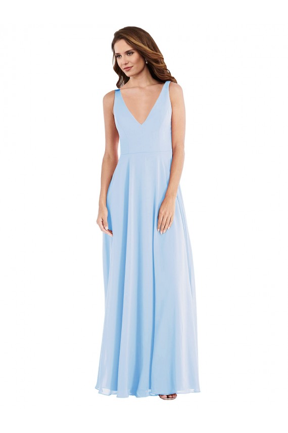 Azul cielo claro línea A Cuello en V Gasa Largo Vestidos de dama de honor