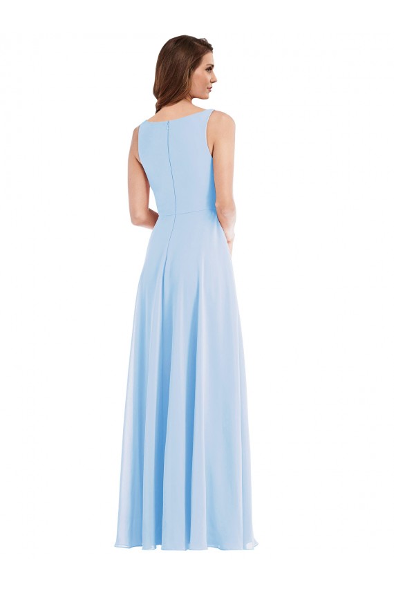 Azul cielo claro línea A Cuello en V Gasa Largo Vestidos de dama de honor