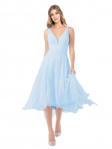 Azul cielo claro línea A Cuello en V Midi Gasa Corto Vestidos de dama de honor / Vestidos de cóctel