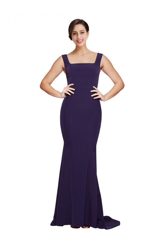 Azul marina oscuro Cubierta Cuadrado Barrer tren Crepé Elástico Largo Vestidos de dama de honor / Vestidos de fiesta