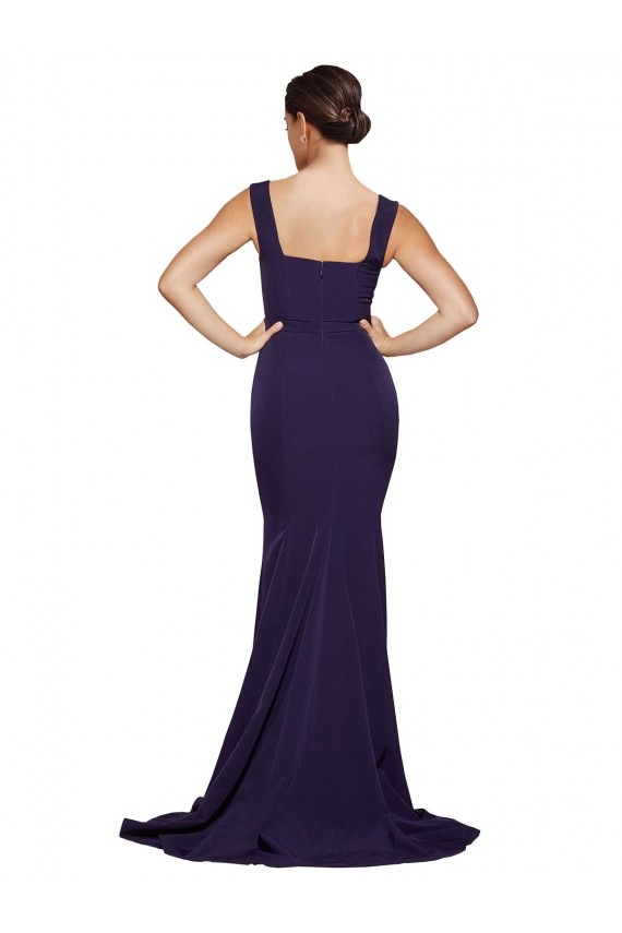 Azul marina oscuro Cubierta Cuadrado Barrer tren Crepé Elástico Largo Vestidos de dama de honor / Vestidos de fiesta