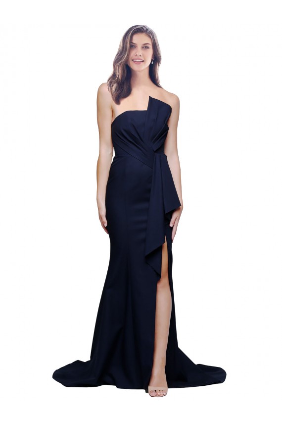 Azul marina oscuro Cubierta Sin tirantes Barrer tren Crepé Elástico Largo Vestidos de dama de honor / Vestidos de fiesta