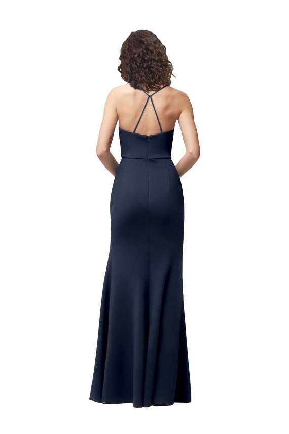 Azul marina oscuro Cubierta Tirantes espagueti Crepé Elástico Largo Formales Vestidos de dama de honor / Vestidos de fiesta