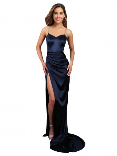 Azul marina oscuro Sirena Cuello de Corazón Satén elástico Largo Formales Vestidos de dama de honor / Vestidos de fiesta