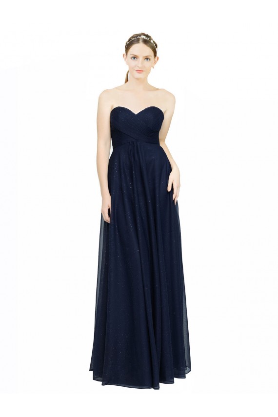 Azul marina oscuro línea A Cuello de Corazón Sin tirantes Gasa Largo Vestidos de dama de honor