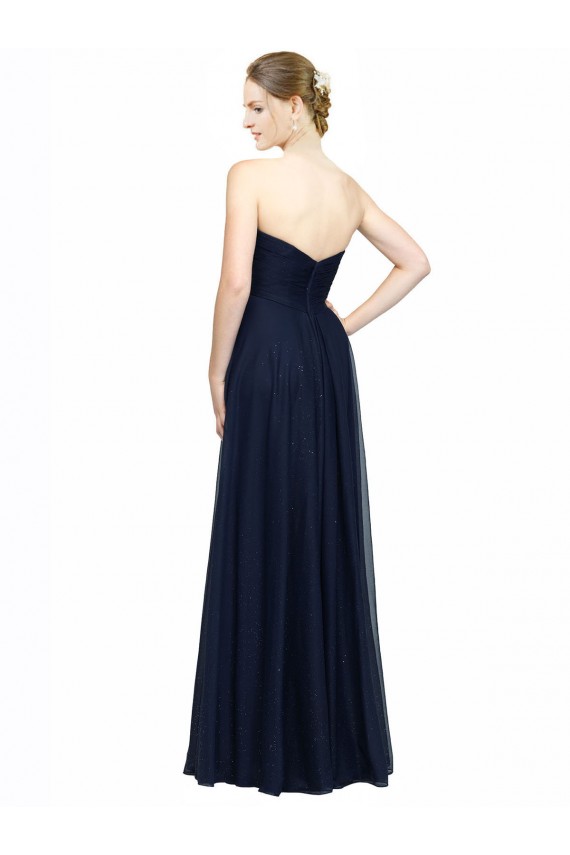 Azul marina oscuro línea A Cuello de Corazón Sin tirantes Gasa Largo Vestidos de dama de honor