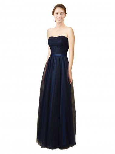 Azul marina oscuro línea A Cuello de Corazón Sin tirantes Tul Largo Vestidos de dama de honor