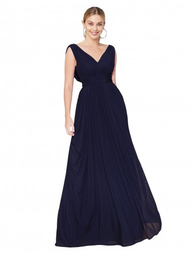 Azul marina oscuro línea A Cuello en V Cuello Alto Gasa Largo Formales Vestidos de dama de honor / Vestidos de fiesta