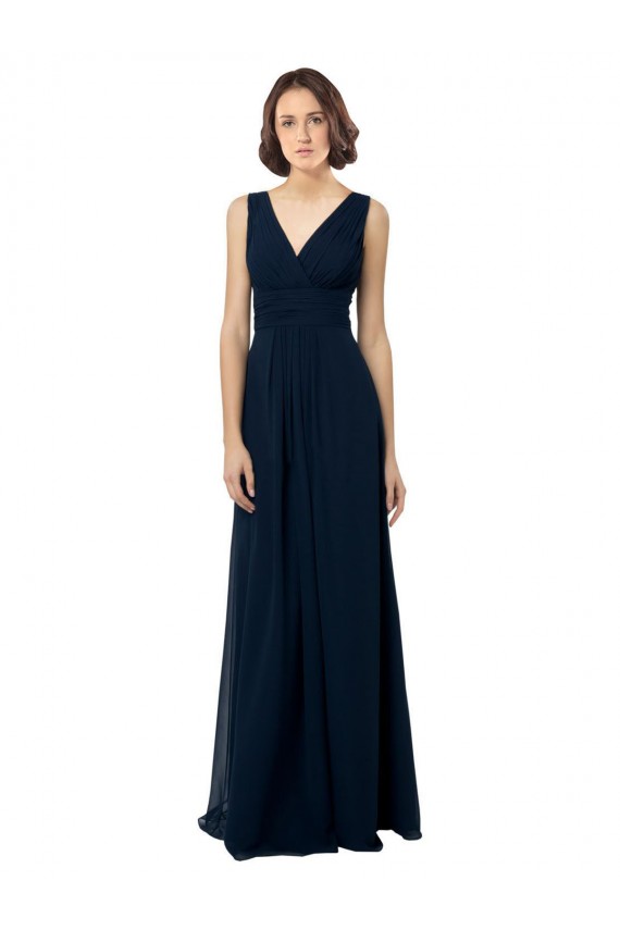 Azul marina oscuro línea A Cuello en V Gasa Largo Vestidos de dama de honor
