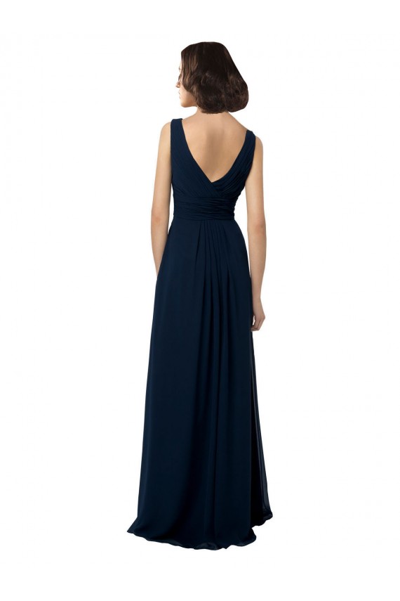Azul marina oscuro línea A Cuello en V Gasa Largo Vestidos de dama de honor
