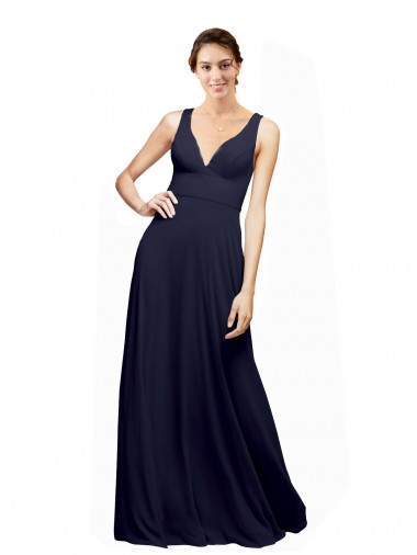 Azul marina oscuro línea A Cuello en V Gasa Largo Vestidos de dama de honor