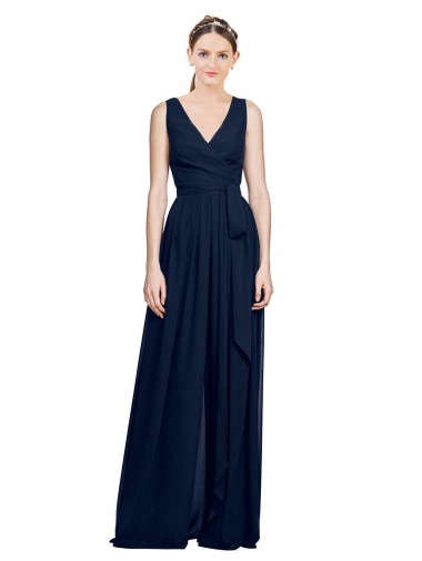 Azul marina oscuro línea A Cuello en V Gasa Largo Vestidos de dama de honor