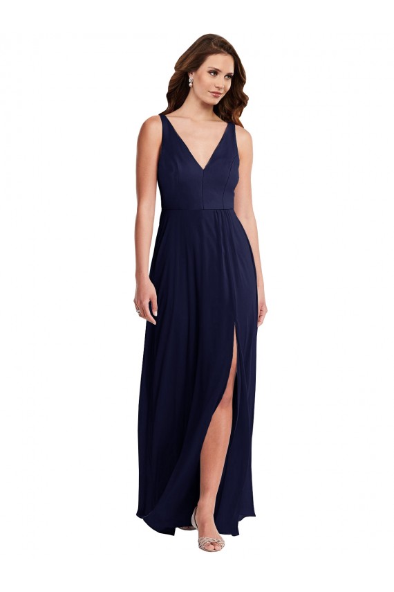 Azul marina oscuro línea A Cuello en V Gasa Largo Vestidos de dama de honor