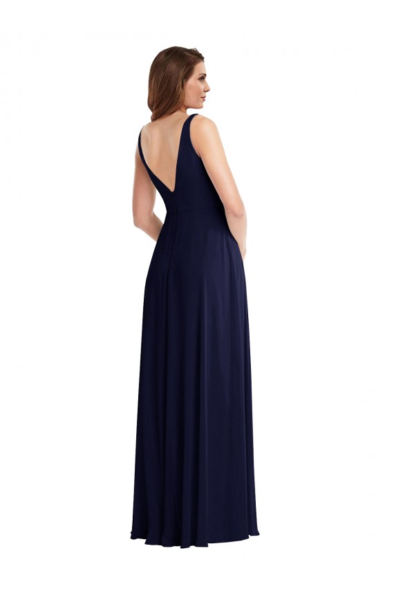 Azul marina oscuro línea A Cuello en V Gasa Largo Vestidos de dama de honor
