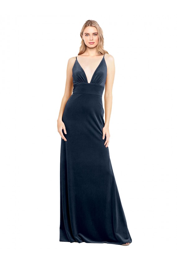 Azul marina oscuro línea A Cuello en V Terciopelo Elástico Largo Vestidos de dama de honor / Vestidos de fiesta