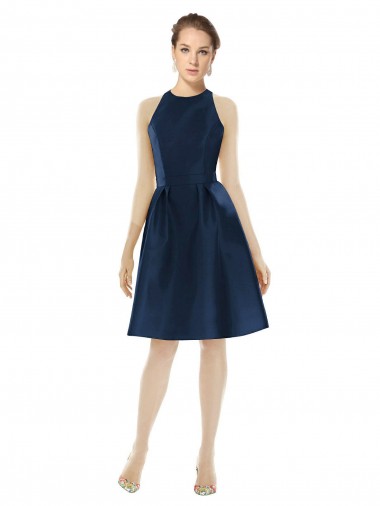 Azul marina oscuro línea A Halter Cóctel Satén Corto Vestidos de dama de honor / Vestidos de cóctel