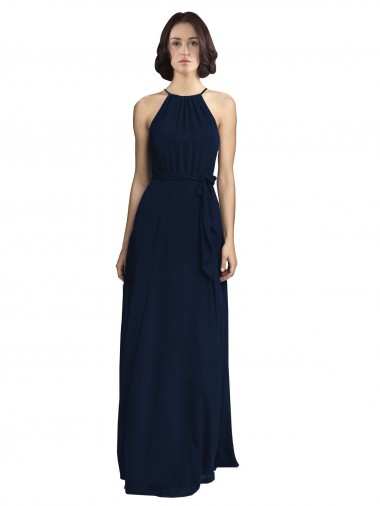 Azul marina oscuro línea A Halter Cuello Alto Gasa Largo Vestidos de dama de honor