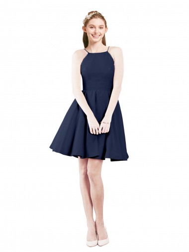 Azul marina oscuro línea A Halter Satén Corto Vestidos de dama de honor / Vestidos de cóctel