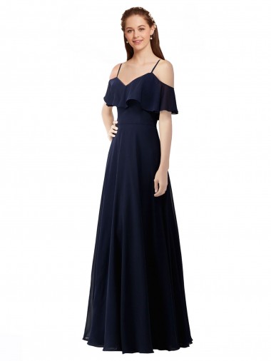 Azul marina oscuro línea A Hombros Descubiertos Cuello en V Gasa Largo Vestidos de dama de honor