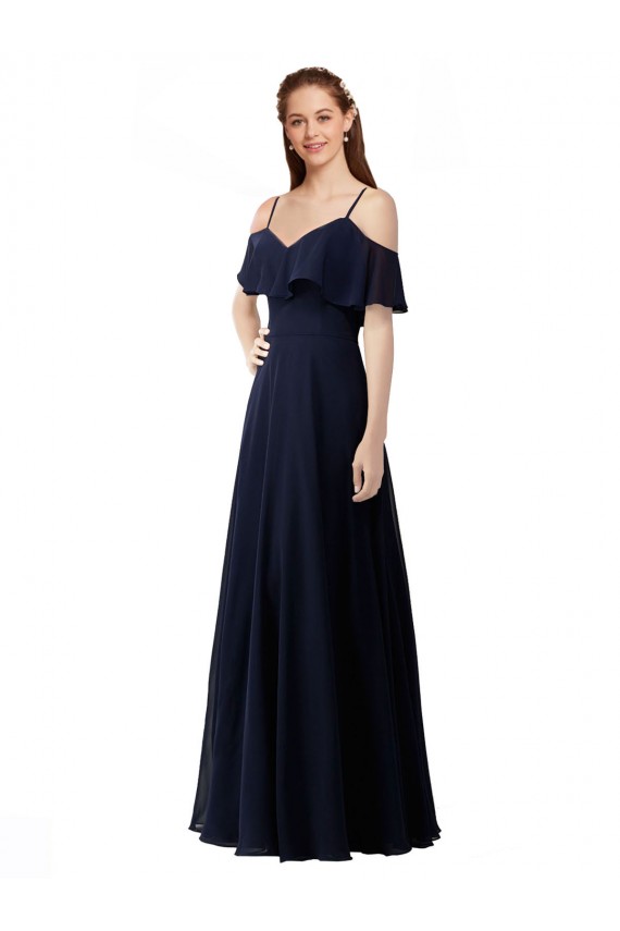 Azul marina oscuro línea A Hombros Descubiertos Cuello en V Gasa Largo Vestidos de dama de honor