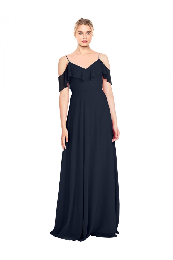 Azul marina oscuro línea A Hombros Descubiertos Tirantes espagueti Gasa Largo Vestidos de dama de honor