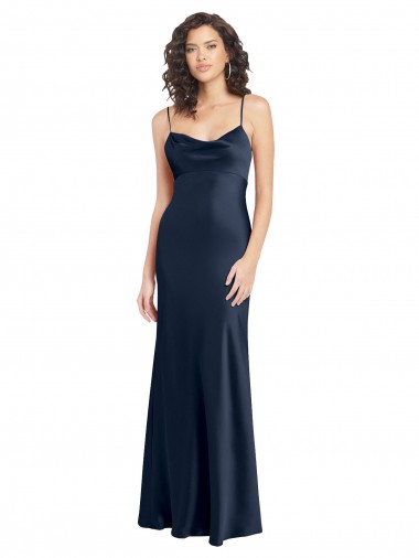 Azul marina oscuro línea A Satén elástico Largo Formales Vestidos de dama de honor / Vestidos de fiesta