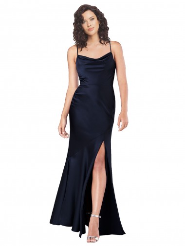 Azul marina oscuro línea A Satén sedoso Largo Formales Vestidos de dama de honor / Vestidos de fiesta