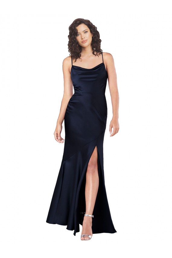 Azul marina oscuro línea A Satén sedoso Largo Formales Vestidos de dama de honor / Vestidos de fiesta