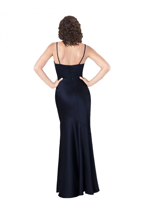 Azul marina oscuro línea A Satén sedoso Largo Formales Vestidos de dama de honor / Vestidos de fiesta