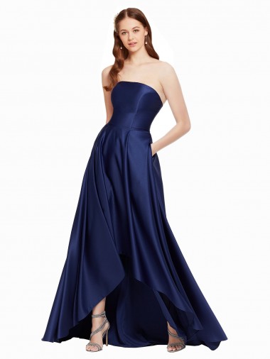 Azul marina oscuro línea A Sin tirantes Satén Largo Asimétrico Formales Vestidos de dama de honor / Vestidos de fiesta