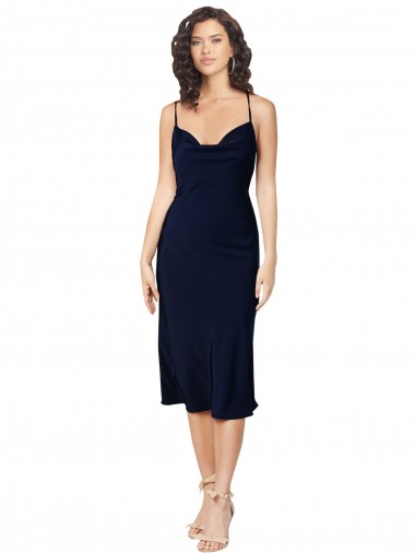 Azul marina oscuro línea A Tirantes espagueti Midi Satén sedoso Corto Formales Vestidos de dama de honor / Vestidos de fiesta / Vestidos de cóctel