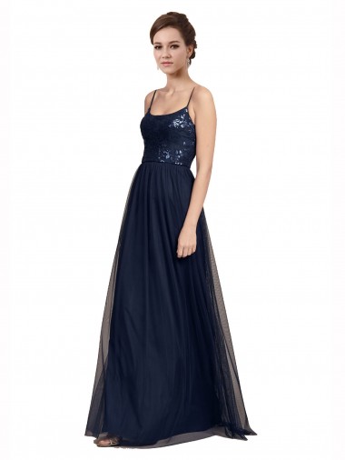 Azul marina oscuro línea A Tirantes espagueti Tul Encaje Largo Vestidos de dama de honor