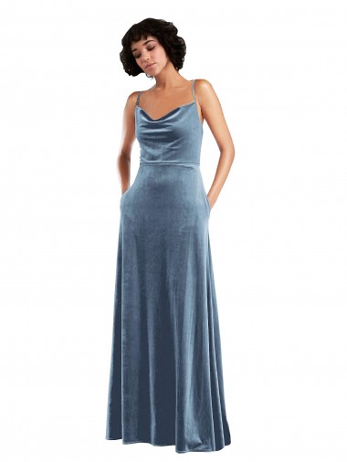 Azul polvoriento Cubierta Terciopelo Elástico Largo Vestidos de dama de honor / Vestidos de fiesta