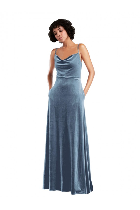 Azul polvoriento Cubierta Terciopelo Elástico Largo Vestidos de dama de honor / Vestidos de fiesta