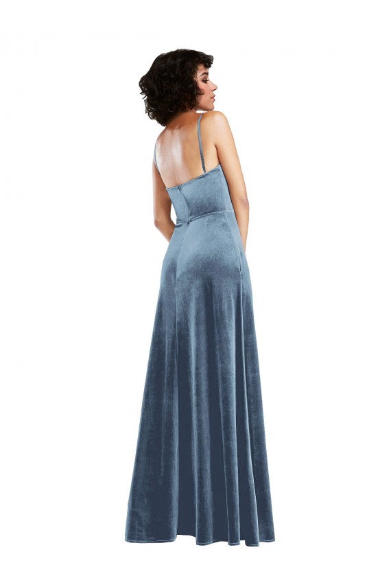 Azul polvoriento Cubierta Terciopelo Elástico Largo Vestidos de dama de honor / Vestidos de fiesta