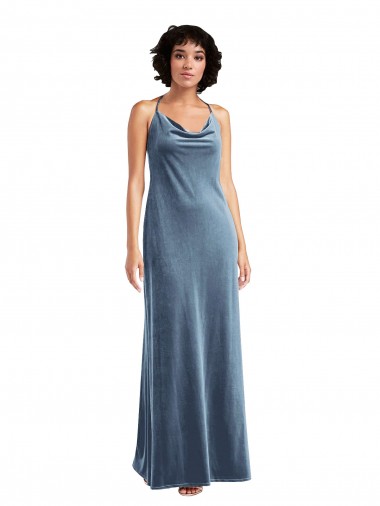 Azul polvoriento Cubierta Terciopelo Elástico Largo Vestidos de dama de honor / Vestidos de fiesta