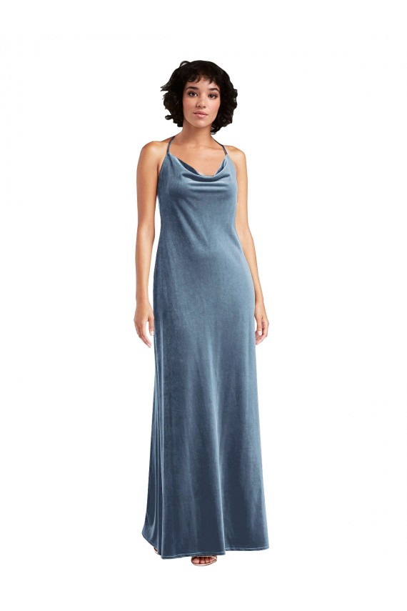 Azul polvoriento Cubierta Terciopelo Elástico Largo Vestidos de dama de honor / Vestidos de fiesta