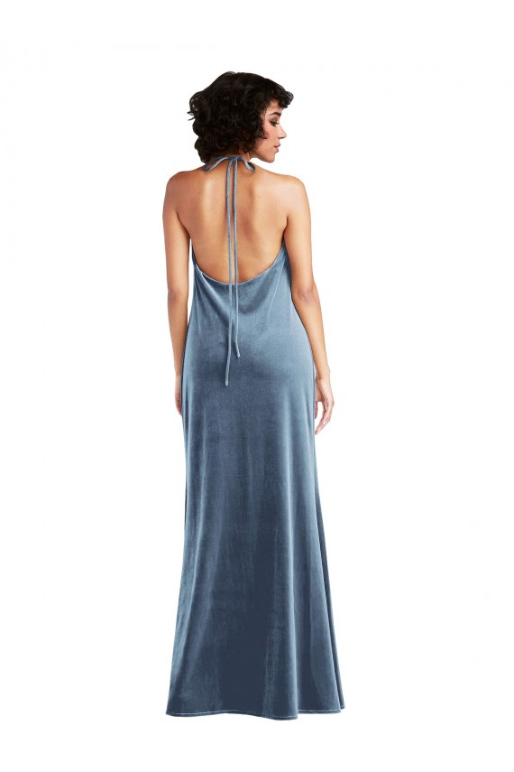 Azul polvoriento Cubierta Terciopelo Elástico Largo Vestidos de dama de honor / Vestidos de fiesta