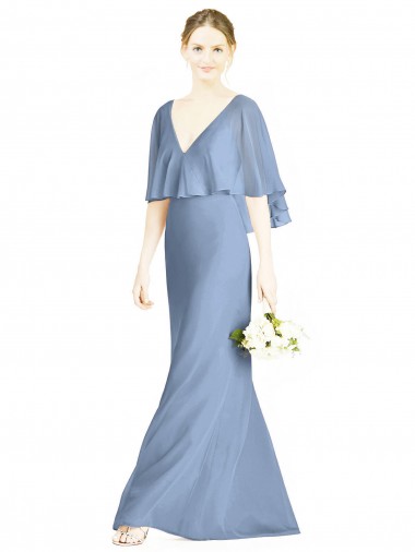 Azul polvoriento Trompeta Cuello en V Gasa Largo Vestidos de dama de honor