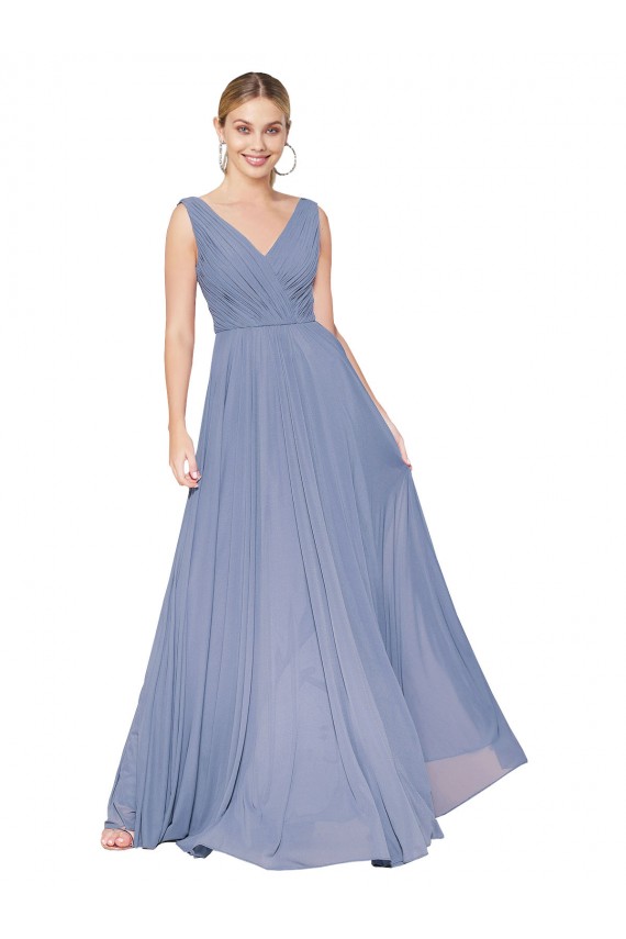 Azul polvoriento línea A Cuello en V Cuello Alto Gasa Largo Formales Vestidos de dama de honor / Vestidos de fiesta