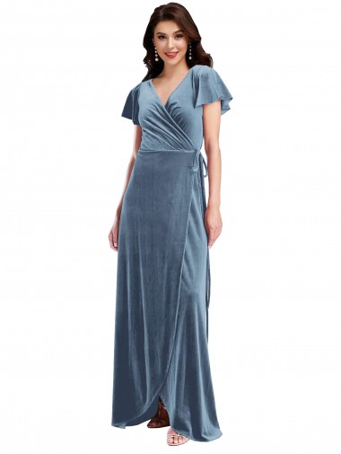 Azul polvoriento línea A Cuello en V Terciopelo Elástico Largo Vestidos de dama de honor / Vestidos de fiesta