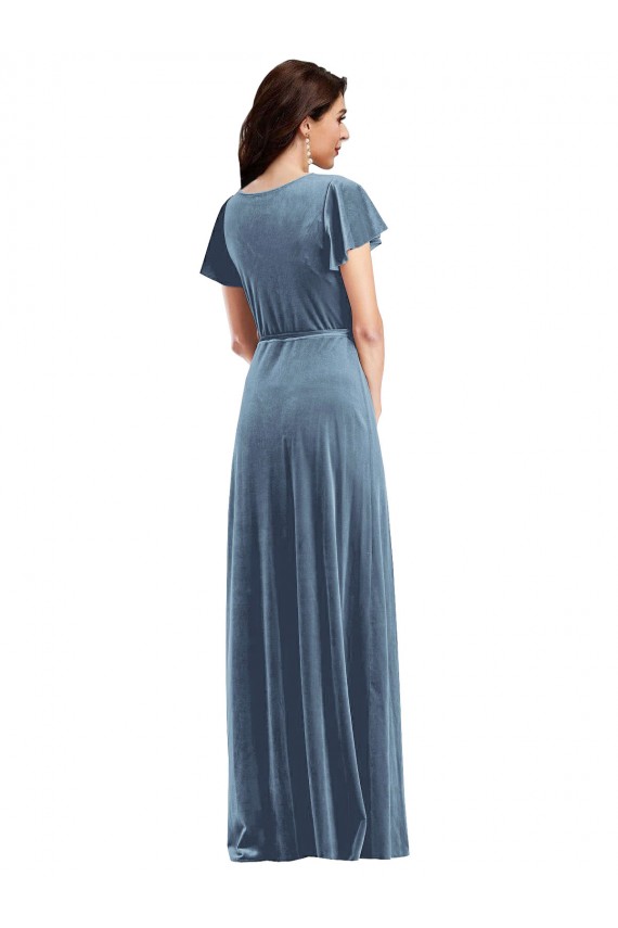 Azul polvoriento línea A Cuello en V Terciopelo Elástico Largo Vestidos de dama de honor / Vestidos de fiesta