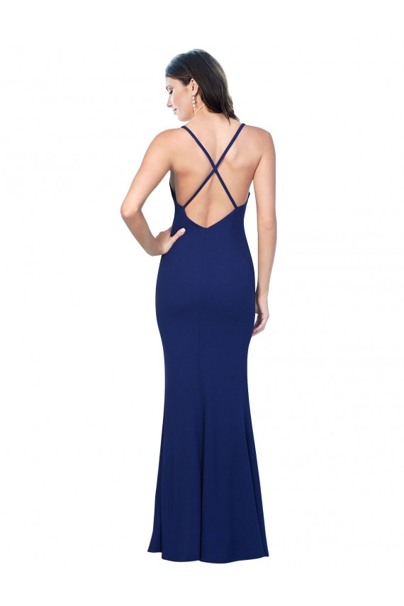 Azul real Cubierta Cuello en V Crepé Elástico Largo Formales Vestidos de dama de honor / Vestidos de fiesta